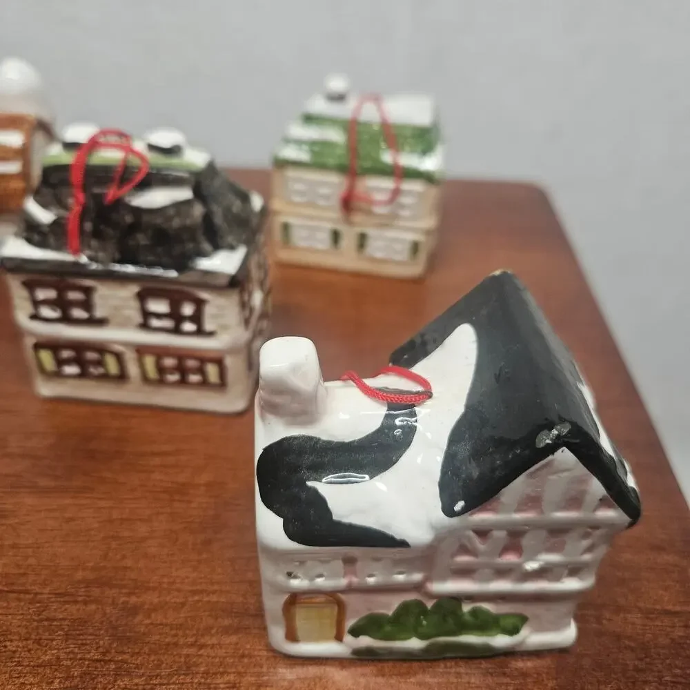 Vintage Ceramic Christmas Village House Hanging Ornaments set 5
